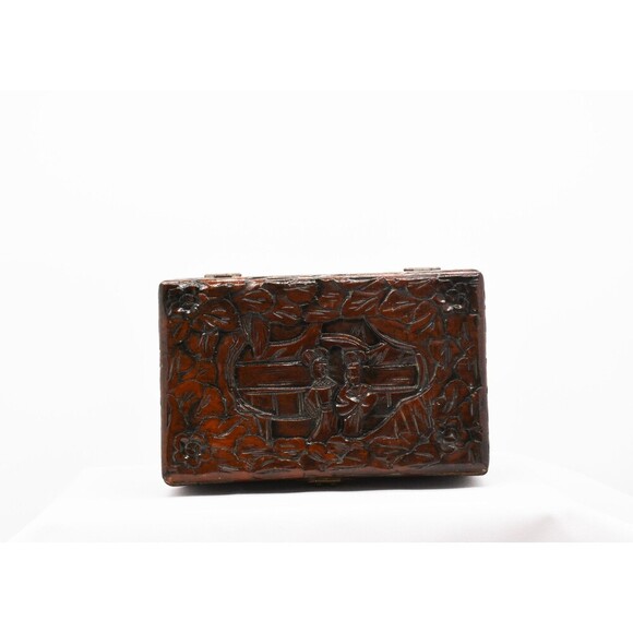 Classic Carved Asian Wooden Box with Red Felt Lining - Picture 3 of 8